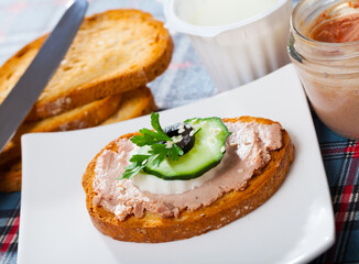 Bruschetta with meat pate, mozzarella, cucumber and herbs