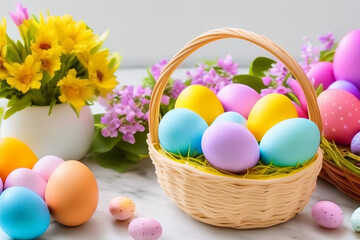 Obraz na płótnie Canvas Close up of Easter eggs. Generative AI.