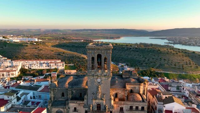 4k Aerial shot of Arcos de la Frontera, Andalucia at sunset, Spain. Famous pueblos blancos in Andalusia