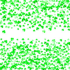 Clover background for Saint Patricks Day. Lucky trefoil confetti. Glitter frame of shamrock leaves. Template for party invite, retail offer and ad. Greeting clover background.