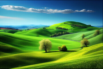spring landscape with rolling green hills and light blue sky. generative ai