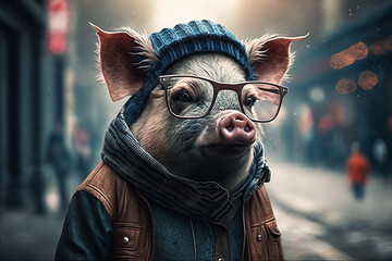 hipster pig in the city. Generative ai