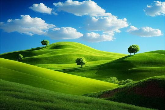 spring landscape with rolling green hills and light blue sky. generative ai
