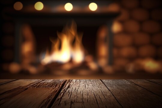 Empty wooden surface with blurred fireplace on background. Product background for montage