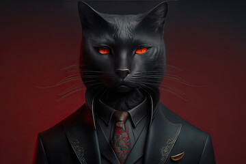 black cat wears black elegant suit with tie