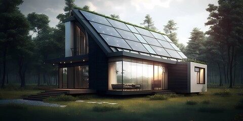 Residential house with photovoltaic solar pannels in the middle of nature. Eco efficient future home powered by alternative and renewable energy. Real state concept. Generative AI.