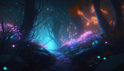 Fototapeta premium in the magic forest the plants glow in the dark, fairy tale forest