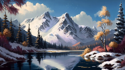Snowy Landscape With Mountains And Lake Generative AI