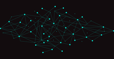 Teal network. Abstract connection on black background. Network technology background with dots and lines for desktop. Ai system background. Abstract data concept. Line background, network technology