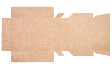 A brown cardboard box in an unfolded state on a white isolated background, food packaging,...
