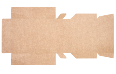 A brown cardboard box in an unfolded state on a white isolated background, food packaging, merchandise, top view