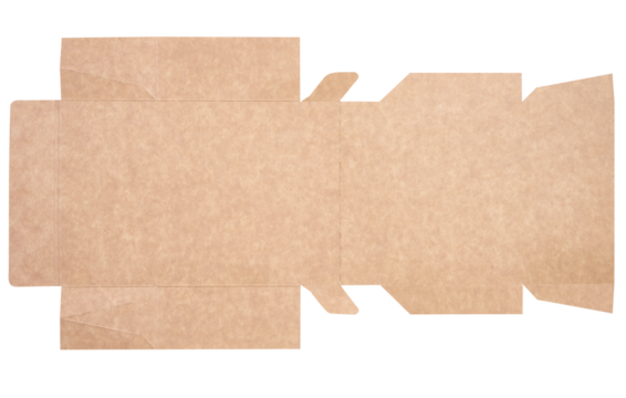 A brown cardboard box in an unfolded state on a white isolated background, food packaging, merchandise, top view