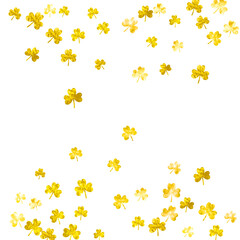 Shamrock background for Saint Patricks Day. Lucky trefoil confetti. Glitter frame of clover leaves.. Template for voucher, special business ad, banner. Festive shamrock background.