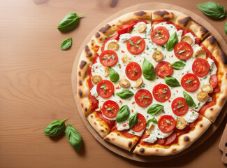 Hot tasty traditional italian pizza with salami, meat, cheese, tomatoes greens, generative ai, on a dark background