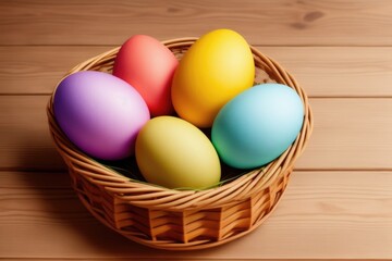 Naklejka premium Easter eggs in the nest on rustic wooden background, generative ai, copyspace for text