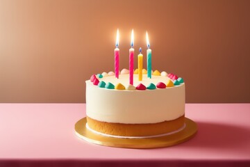 Minimalist birthday cake with solid colors and candles on a flat background, generative ai, with copyspace