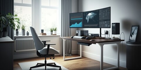 Home office with smart desk adjusting its height and position based on users preferences and with built in screen, concept of Automation and Ergonomics, created with Generative AI technology