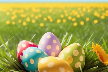 Basket of easter eggs on green grass, colorful eggs for celebration, generative ai, sunny day