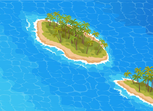 Green tropical islands with palms in the ocean isometric vector illustration
