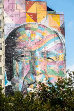 Graffiti with the face of Oscar Niemeyer, produced by graffiti artist Kobra, in S&atilde;o Paulo, Brazil
