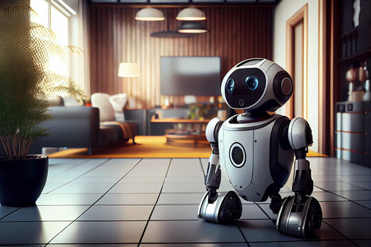 smart robot cleans modern house. Internet of things. Smart home gadgets
