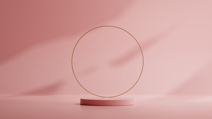 Pink studio backdrop for cosmetic beauty advertising brands with pink product showcase podium and golden frame