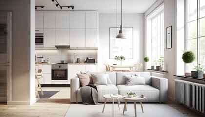 Fototapeta premium Illustration of modern living room with natural light and living space created with Generative AI technology