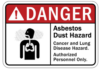 Asbestos chemical hazard sign and labels contains asbestos fibers. Avoid creating dust. Cancer and lung disease hazard
