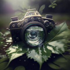 camera in tree leaves, vegetation, camera in the vegetation and water generated by AI