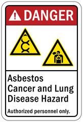 Asbestos chemical hazard sign and labels cancer and lung disease hazard