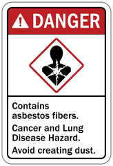 Asbestos chemical hazard sign and labels contains asbestos fibers. Avoid creating dust. Cancer and lung disease hazard