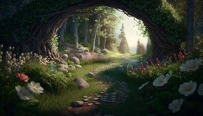 illustration of forest with bright tones, flowers and sunshine, green landscapes generated IA