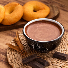 Traditional Colombian breakfast - Baked pandequeso with chocolate drink