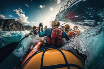 Group rafting in the sea. Generative AI - obrazy, fototapety, plakaty