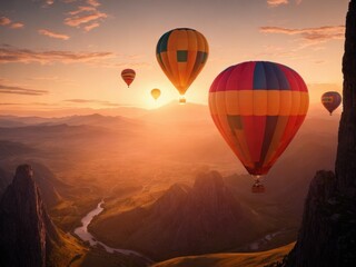 Fototapeta na wymiar Colorful hot air balloons flying over mountain. AI generated, human enhanced. Background