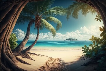 Fototapeta na wymiar Tropical exotic beach with palm tree. AI generated