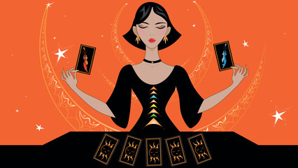 A beautiful lady in an elegant black dress does a tarot reading of the future, past and present.