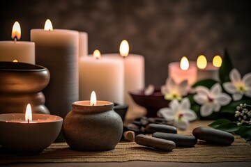 Fototapeta na wymiar Spa setting with aromatic candles. Romantic atmosphere. Background with selective focus. AI generated
