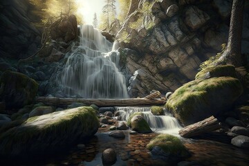 beautiful nature background with waterfall and forest.Generative ai
