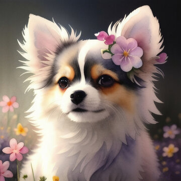 a small chihuahua dog with a flower in its hair, a photorealistic painting