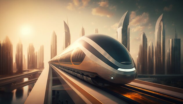 Futuristic speed maglev magnetic cushion train with city background. Generative AI