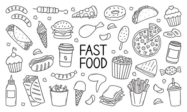 Fast food doodle set. Hamburger, ice cream, sandwich, hot dog, pizza in sketch style. Vector illustration isolated on white background.