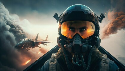 Pilot soldier in helmet in cockpit fighter plane, war. Generative AI