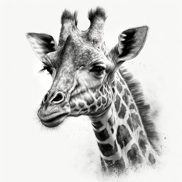 Giraffe portrait sketch in black and white, illustration generative ai