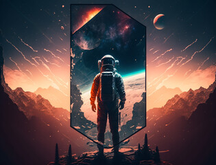 Creative double exposure digital manipulation of astronaut and space travel theme. Digital concept art.