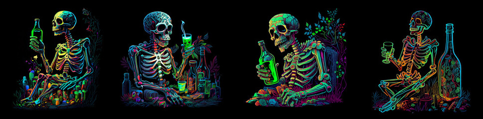 Fototapeta premium Multicolored skeleton drinking alcohol with big bottle. AI generative.