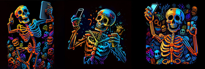 Happy skeleton taking selfie with smartphone. AI generative.