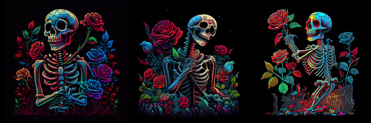 Happy skeleton with rose flowers on black background. AI generative.