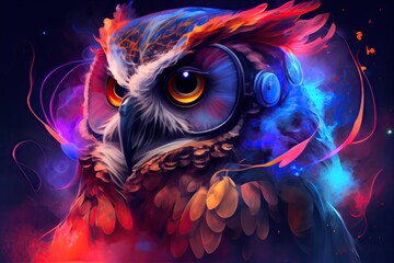 Nature's Beauty: A Colorful Owl with Eye-Catching Headphones in a Vibrant Artistic Smoke Cloud: Generative AI