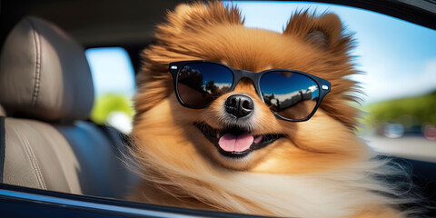 happy cute pomeranian dog with sunglasses, in a car
